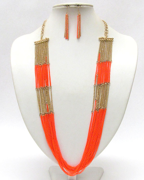 Multi colored metal chain long necklace earring set