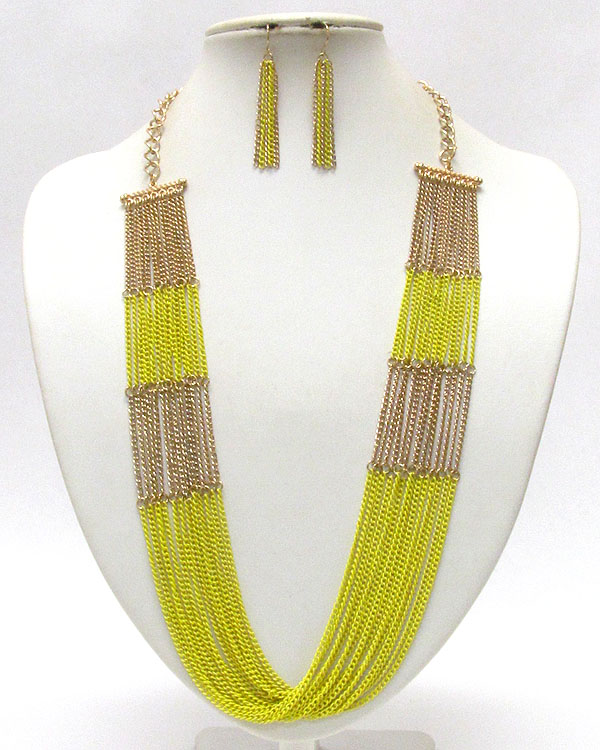 Multi colored metal chain long necklace earring set