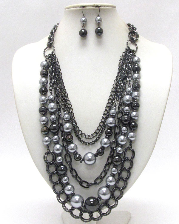 Multi layered metal and pearl chain long necklace earring set