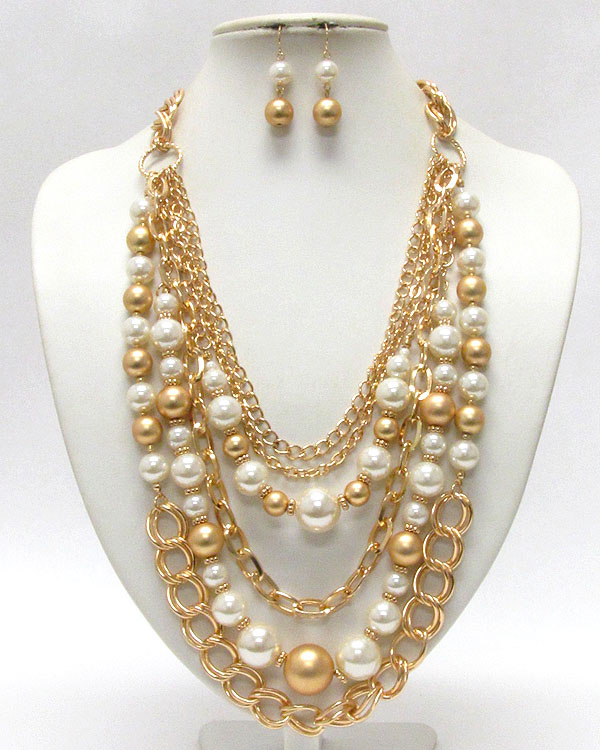 Multi layered metal and pearl chain long necklace earring set