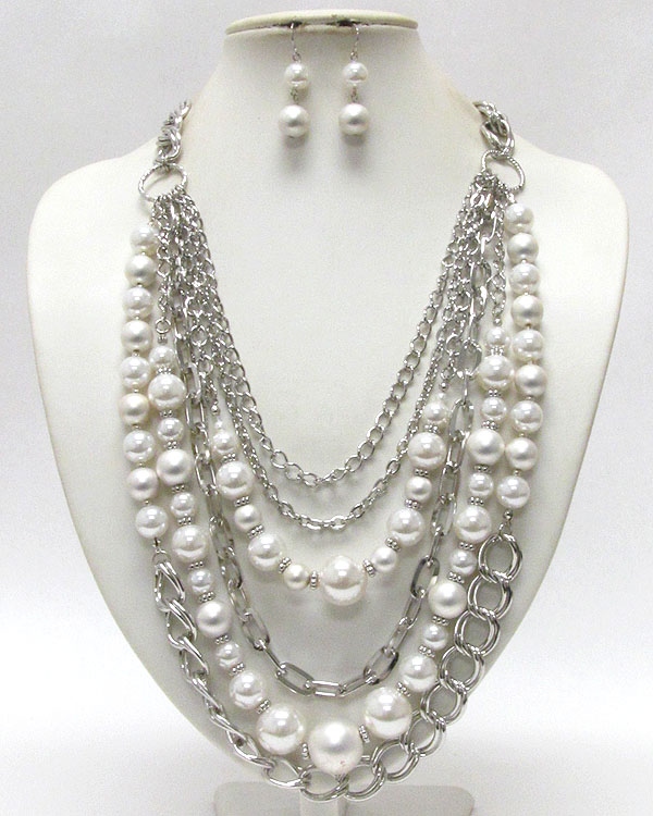 Multi layered metal and pearl chain long necklace earring set