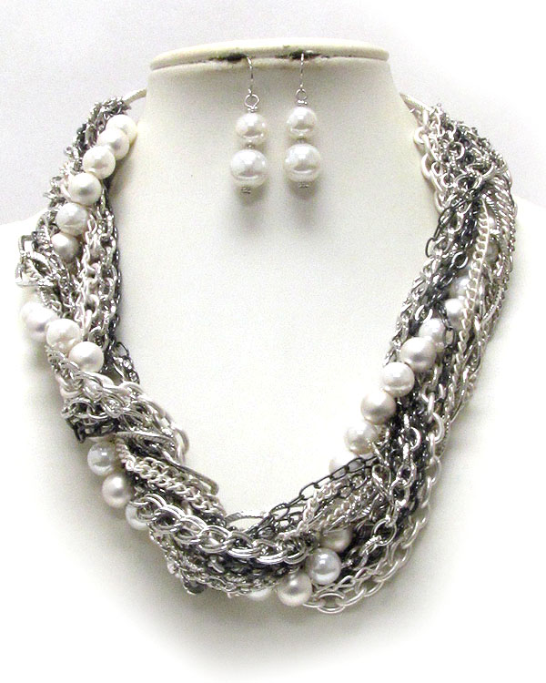 Multi metal and pearl chain mix and twist necklace earring set