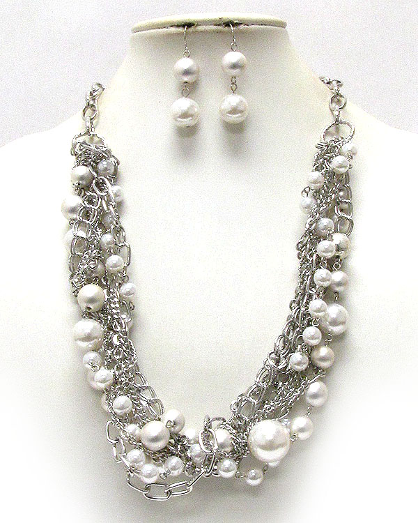 Multi metal chain twist and pearl accent drop necklace earring set