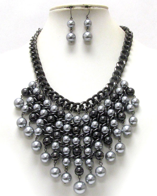 Multi pearl link drop bib style necklace earring set