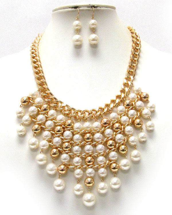 Multi pearl link drop bib style necklace earring set