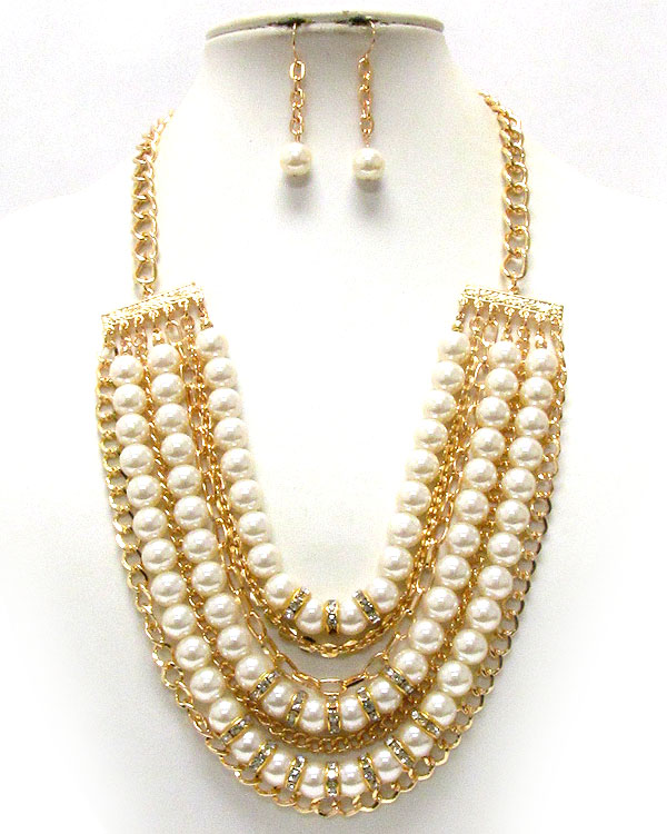 Multi layered metal and pearl chain and crystal rondell accent necklace earring set