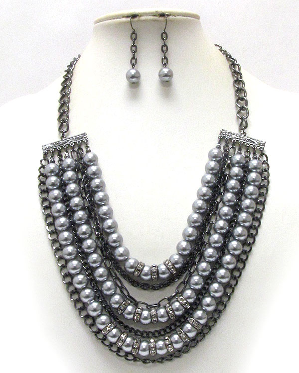 Multi layered metal and pearl chain and crystal rondell accent necklace earring set