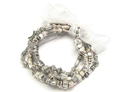 Multi row metal beads bracelet with ribbon tied