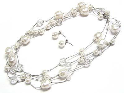 Multi pearl beads long necklace and earring set