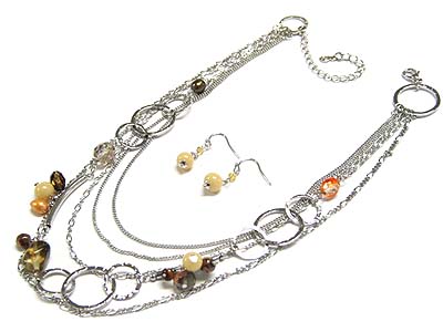 5 row mixed natural stone and metal chain necklace and earring set