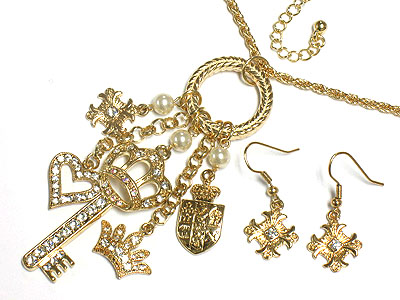 Crystal key and crown charm necklace and earring set