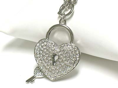 Crystal large heart lock pendant and key drop toggle necklace