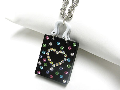 Crystal heart stud enamel metal shopping bag pendant necklae