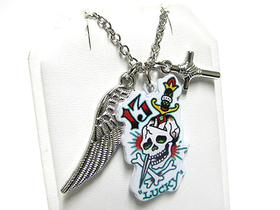 Skull tattoo paint metal wing and skull pendant necklace