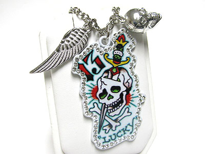 Crystal edge skull tattoo paint metal wing and skull pendant necklace