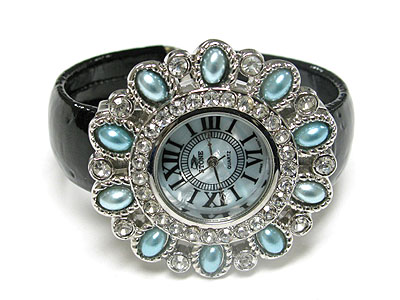 Pearl and crystal flower style cuff bangle watch 