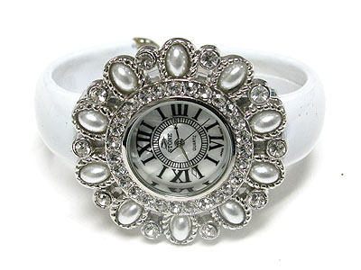 Pearl and crystal flower style cuff bangle watch 