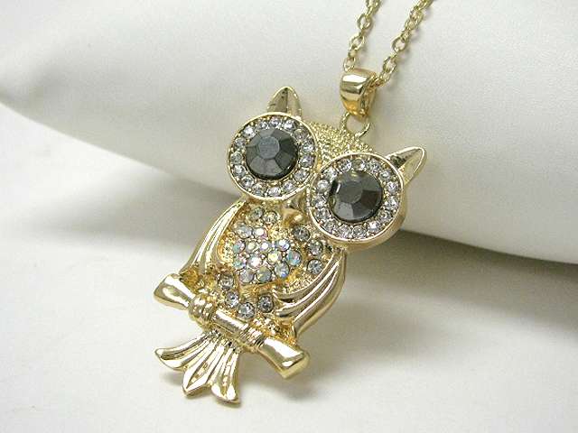 Crystal stud owl pendant long necklace earring set