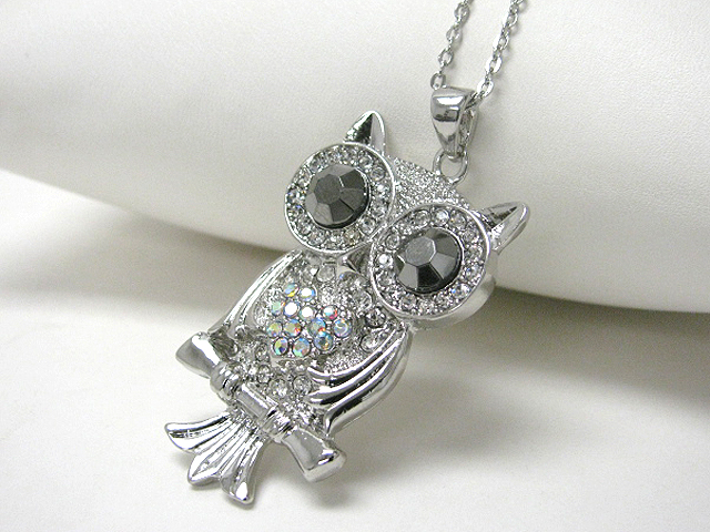 Crystal stud owl pendant long necklace earring set