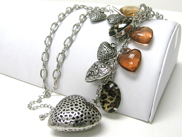 Vintage touch multi metal and mixed heart charm long necklace earring set