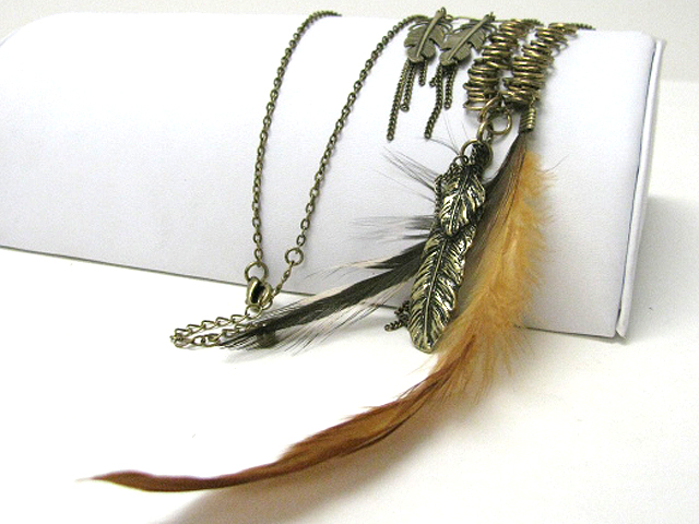 Feather and multi feather charm dangle long chain necklace earring set