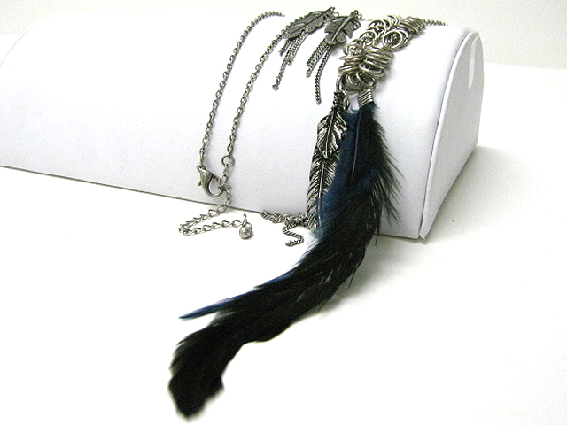 Feather and multi feather charm dangle long chain necklace earring set