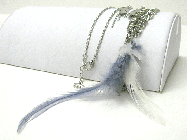 Feather and multi feather charm dangle long chain necklace earring set