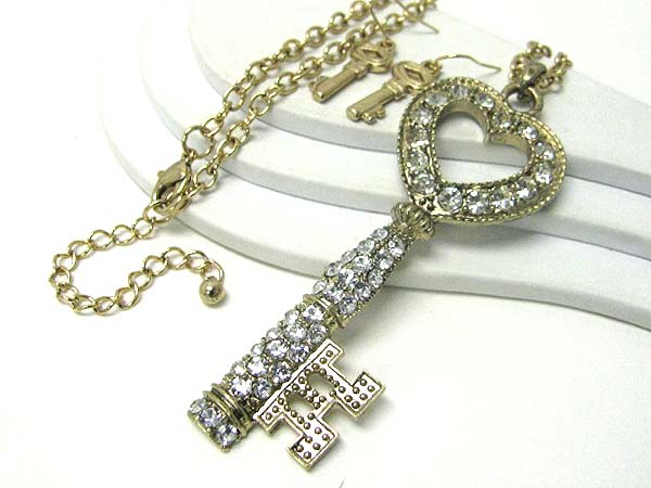 Crystal stud chunky style large key and long necklace earring set