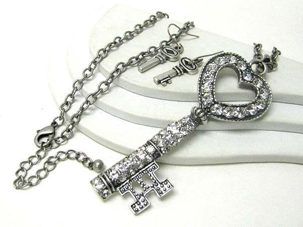 Crystal stud chunky style large key and long necklace earring set