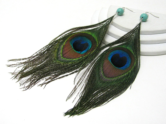 4 inch long peacock feather drop earring