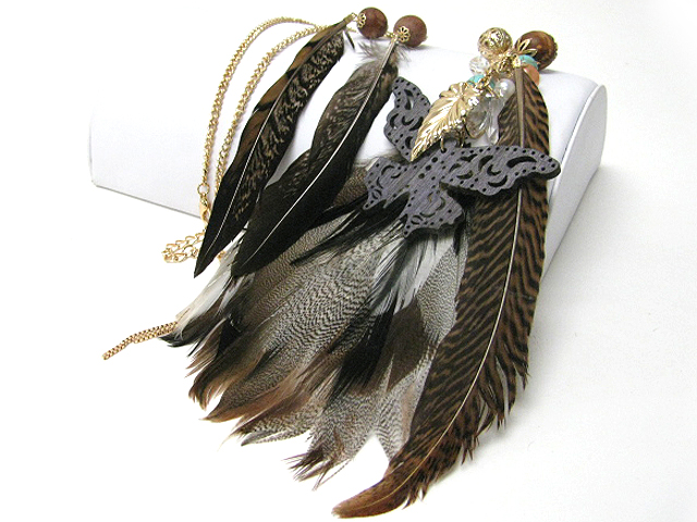 Multi feather hanging woods butterfly fusion long necklace earring set