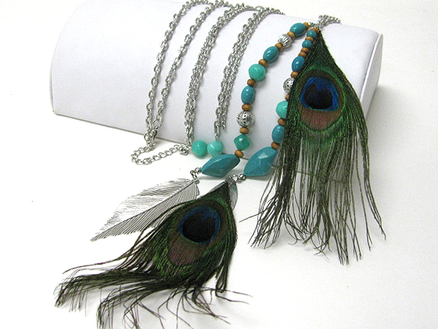 Natural stone and multi peacock feather drop long necklace earring set