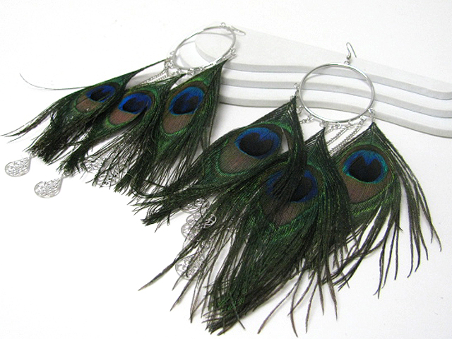 9 inch super long multi peacock feather drop earring