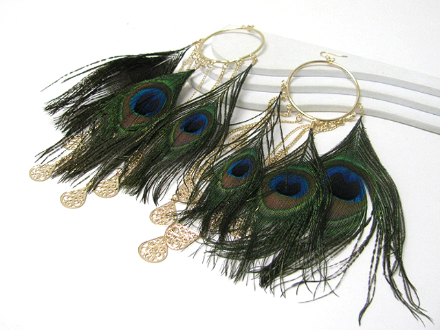 9 inch super long multi peacock feather drop earring