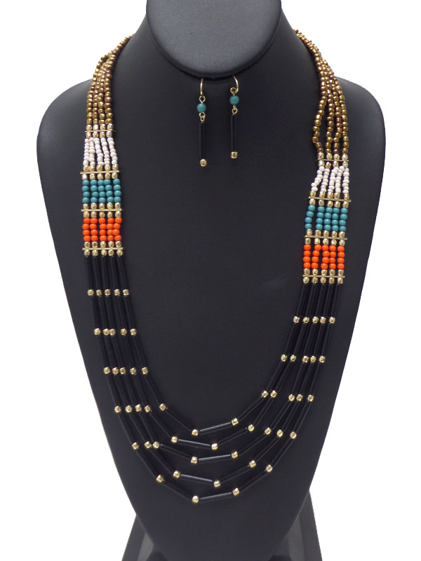 Five layers of multi size beads necklace earring set