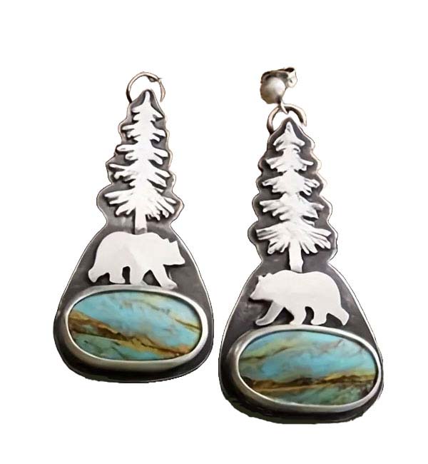 Bear tree turquoise stone dangle earrings