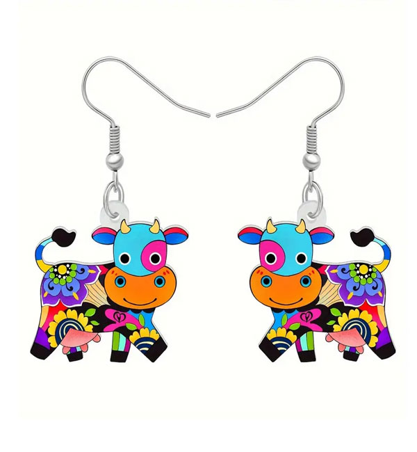 Colorful floral cow dangle earrings
