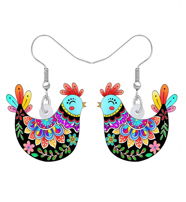 Colorful floral rooster dangle earrings