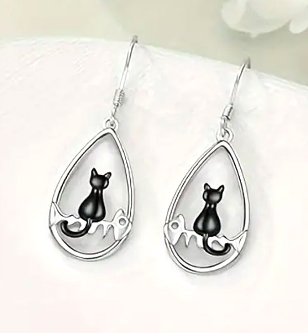 Black cat fishbone drop earrings