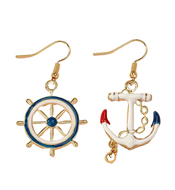 Gold nautical wheel anchor dangle earrings