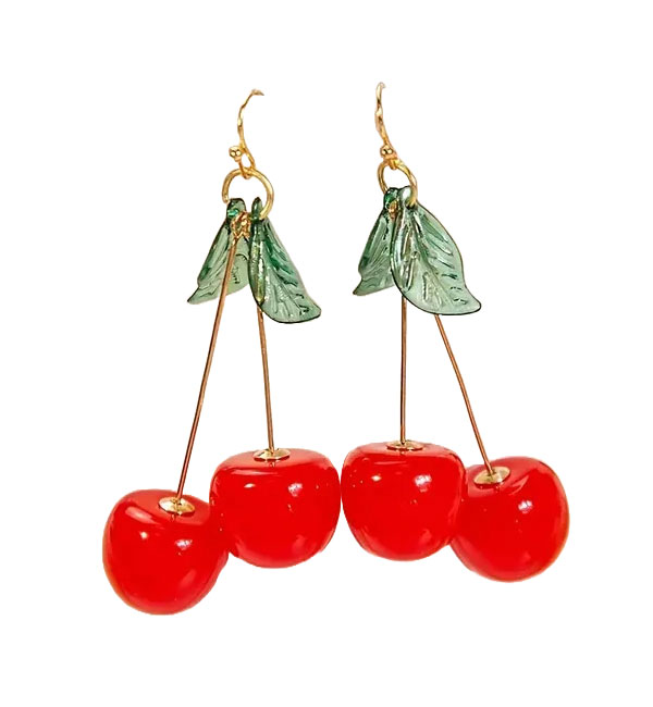 Resin red cherry leaf dangle earring
