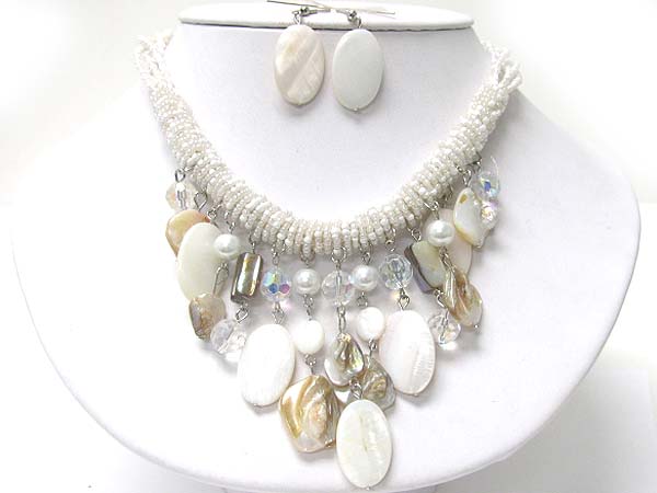 Multi sea shell disk dangle seed beads tube necklace earring set