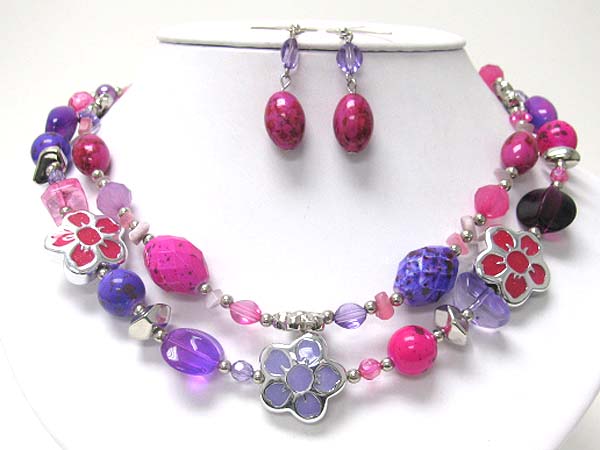 Double strand enamel metal flower and mixed beads and stone necklace earring set