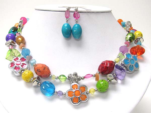 Double strand enamel metal flower and mixed beads and stone necklace earring set