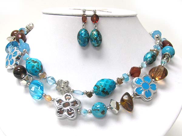 Double strand enamel metal flower and mixed beads and stone necklace earring set