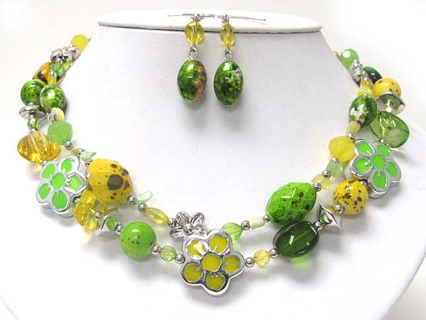 Double strand enamel metal flower and mixed beads and stone necklace earring set