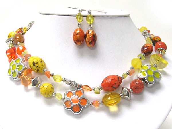 Double strand enamel metal flower and mixed beads and stone necklace earring set