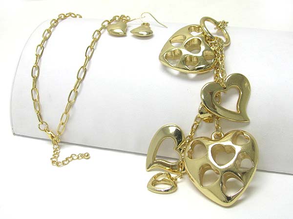 Multi metal heart dangle long chain necklace earring set