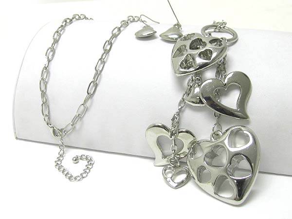 Multi metal heart dangle long chain necklace earring set