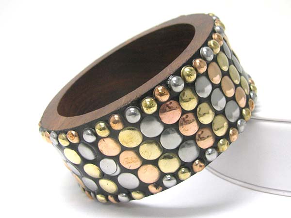 Metal stud wood bangle